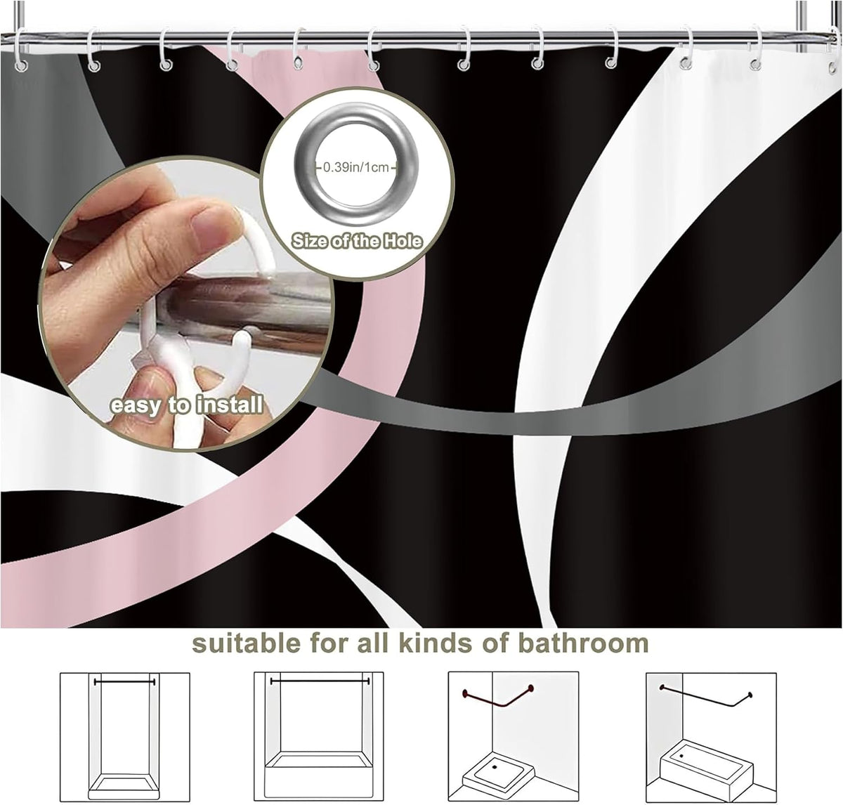Abstract Line Minimalist Shower Curtain 60Wx71L, Black Pink Gray Shower Curtains for Bathroom Decor, Geometric Modern Contemporary Shower Curtain Set Home Decor 12 Pack Hooks