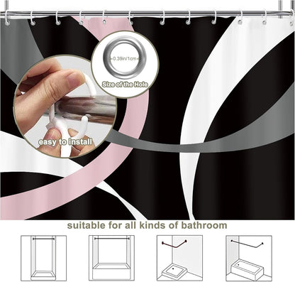 Abstract Line Minimalist Shower Curtain 60Wx71L, Black Pink Gray Shower Curtains for Bathroom Decor, Geometric Modern Contemporary Shower Curtain Set Home Decor 12 Pack Hooks