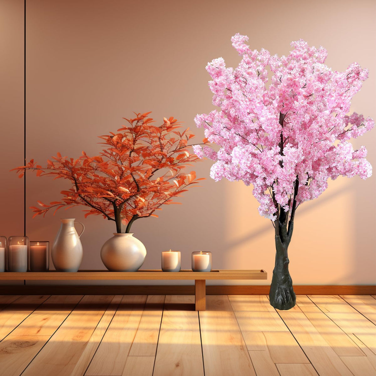 Pink Artificial Cherry Blossom Trees Faux Cherry Blossom Tree Pink Tree for Office Wedding Home Office Living Room House Indoor Outdoor Decor（6.5ft/2m, Pink）