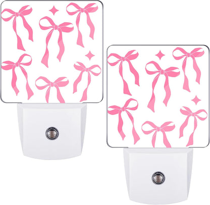 2 Pcs Pink Bow Night Lights Sensor Night Light Plug in Dusk to Dawn LED Lamps Gift for Indoor Bedroom, Bathroom, Toilet, Stairs, Kitchen, Hallway