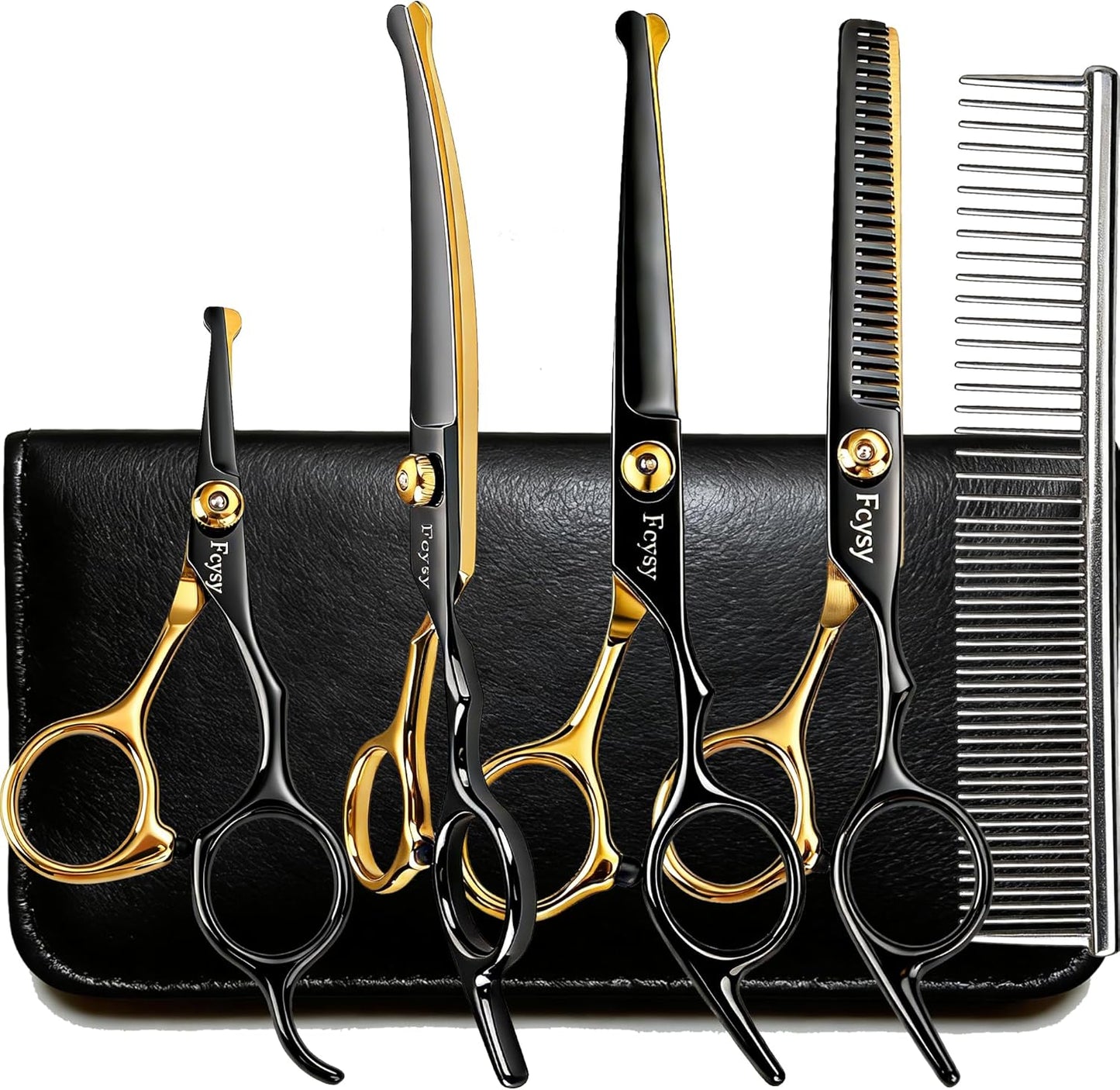 Dog Grooming Scissors Kit, Fcysy Professional Pet Shears for Cats at Home, Dog Grooming Tools with Curved & Straight Blades Scissors Thinning Shears Pet Supply Set