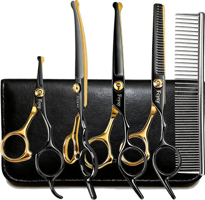 Dog Grooming Scissors Kit, Fcysy Professional Pet Shears for Cats at Home, Dog Grooming Tools with Curved & Straight Blades Scissors Thinning Shears Pet Supply Set