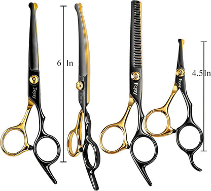 Dog Grooming Scissors Kit, Fcysy Professional Pet Shears for Cats at Home, Dog Grooming Tools with Curved & Straight Blades Scissors Thinning Shears Pet Supply Set