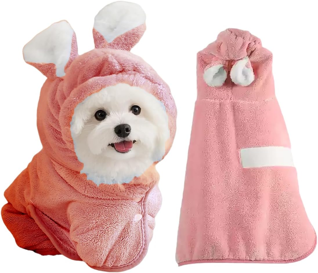 MANON ROSA Quick-Dry Pet Bathrobe & Towel with Hood - Coral Fleece Absorbent Small Medium Large Dog Cat Robe for Post-Bath, Pool & Beach Drying Accessory (Pink,S)