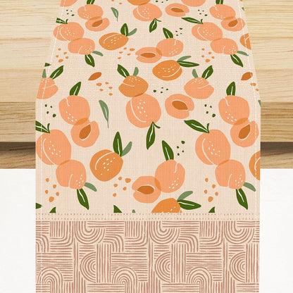 Peach Linen Table Runner, Retro Rustic Bohemian Fresh Pink Orange Food Fruit Leaves Geometric Line Seamless Pattern Home Decoration for Party Living Room Kitchen Dining Coffee Table 13x36in x1 Panel