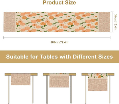 Peach Linen Table Runner, Retro Rustic Bohemian Fresh Pink Orange Food Fruit Leaves Geometric Line Seamless Pattern Home Decoration for Party Living Room Kitchen Dining Coffee Table 13x36in x1 Panel