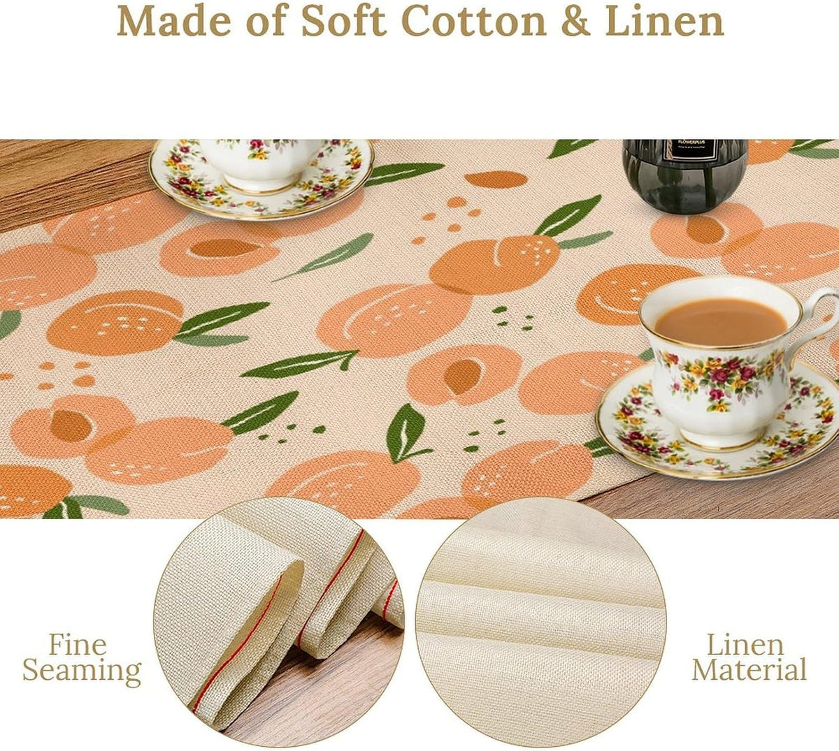 Peach Linen Table Runner, Retro Rustic Bohemian Fresh Pink Orange Food Fruit Leaves Geometric Line Seamless Pattern Home Decoration for Party Living Room Kitchen Dining Coffee Table 13x36in x1 Panel