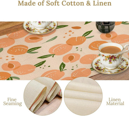 Peach Linen Table Runner, Retro Rustic Bohemian Fresh Pink Orange Food Fruit Leaves Geometric Line Seamless Pattern Home Decoration for Party Living Room Kitchen Dining Coffee Table 13x36in x1 Panel