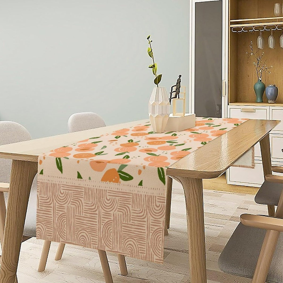 Peach Linen Table Runner, Retro Rustic Bohemian Fresh Pink Orange Food Fruit Leaves Geometric Line Seamless Pattern Home Decoration for Party Living Room Kitchen Dining Coffee Table 13x36in x1 Panel