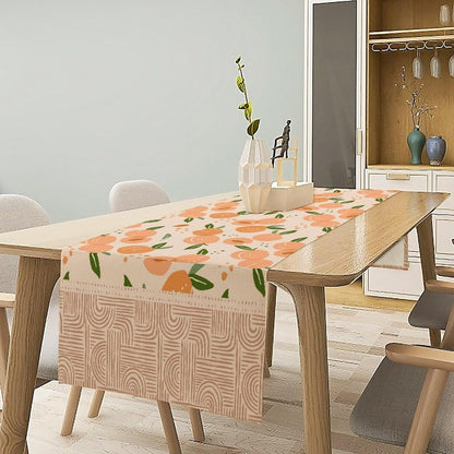 Peach Linen Table Runner, Retro Rustic Bohemian Fresh Pink Orange Food Fruit Leaves Geometric Line Seamless Pattern Home Decoration for Party Living Room Kitchen Dining Coffee Table 13x36in x1 Panel