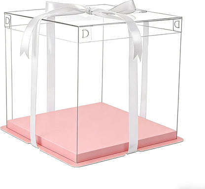 Clear Cake Box with Ribbon, 12x12x10 Inch, Tall Cake Boxes for Large 10" and 12" Layer Tiered Cakes, Wedding Party and Gift Display, Pink