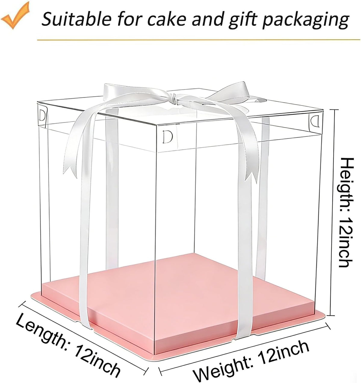 Clear Cake Box with Ribbon, 12x12x10 Inch, Tall Cake Boxes for Large 10" and 12" Layer Tiered Cakes, Wedding Party and Gift Display, Pink