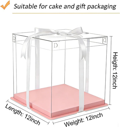 Clear Cake Box with Ribbon, 12x12x10 Inch, Tall Cake Boxes for Large 10" and 12" Layer Tiered Cakes, Wedding Party and Gift Display, Pink