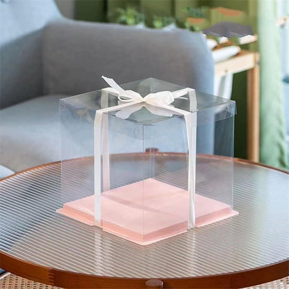 Clear Cake Box with Ribbon, 12x12x10 Inch, Tall Cake Boxes for Large 10" and 12" Layer Tiered Cakes, Wedding Party and Gift Display, Pink