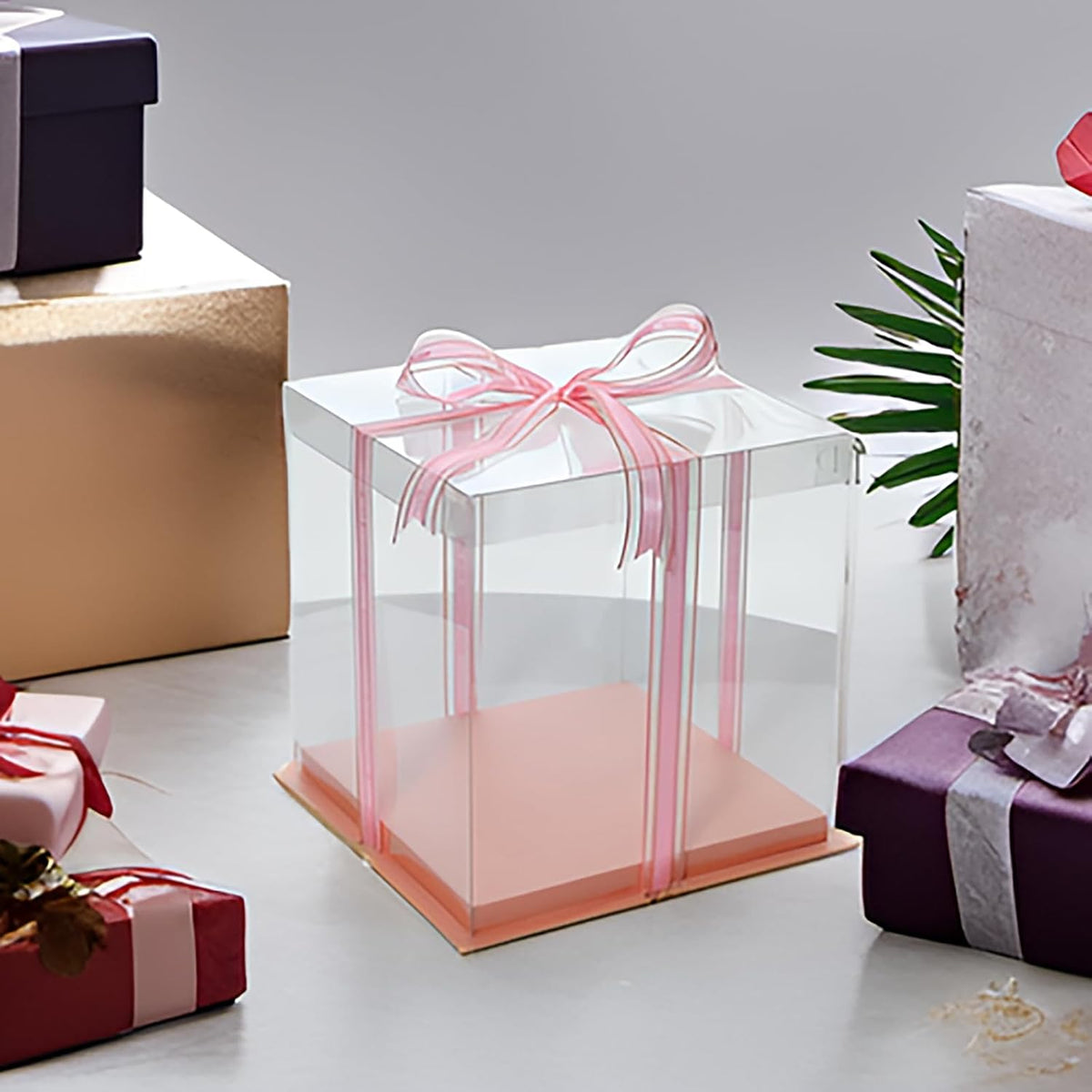 Clear Cake Box with Ribbon, 12x12x10 Inch, Tall Cake Boxes for Large 10" and 12" Layer Tiered Cakes, Wedding Party and Gift Display, Pink