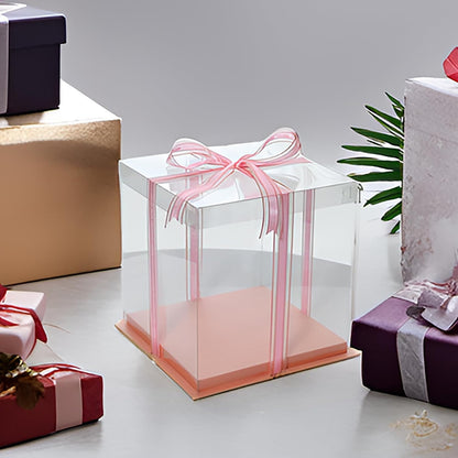 Clear Cake Box with Ribbon, 12x12x10 Inch, Tall Cake Boxes for Large 10" and 12" Layer Tiered Cakes, Wedding Party and Gift Display, Pink