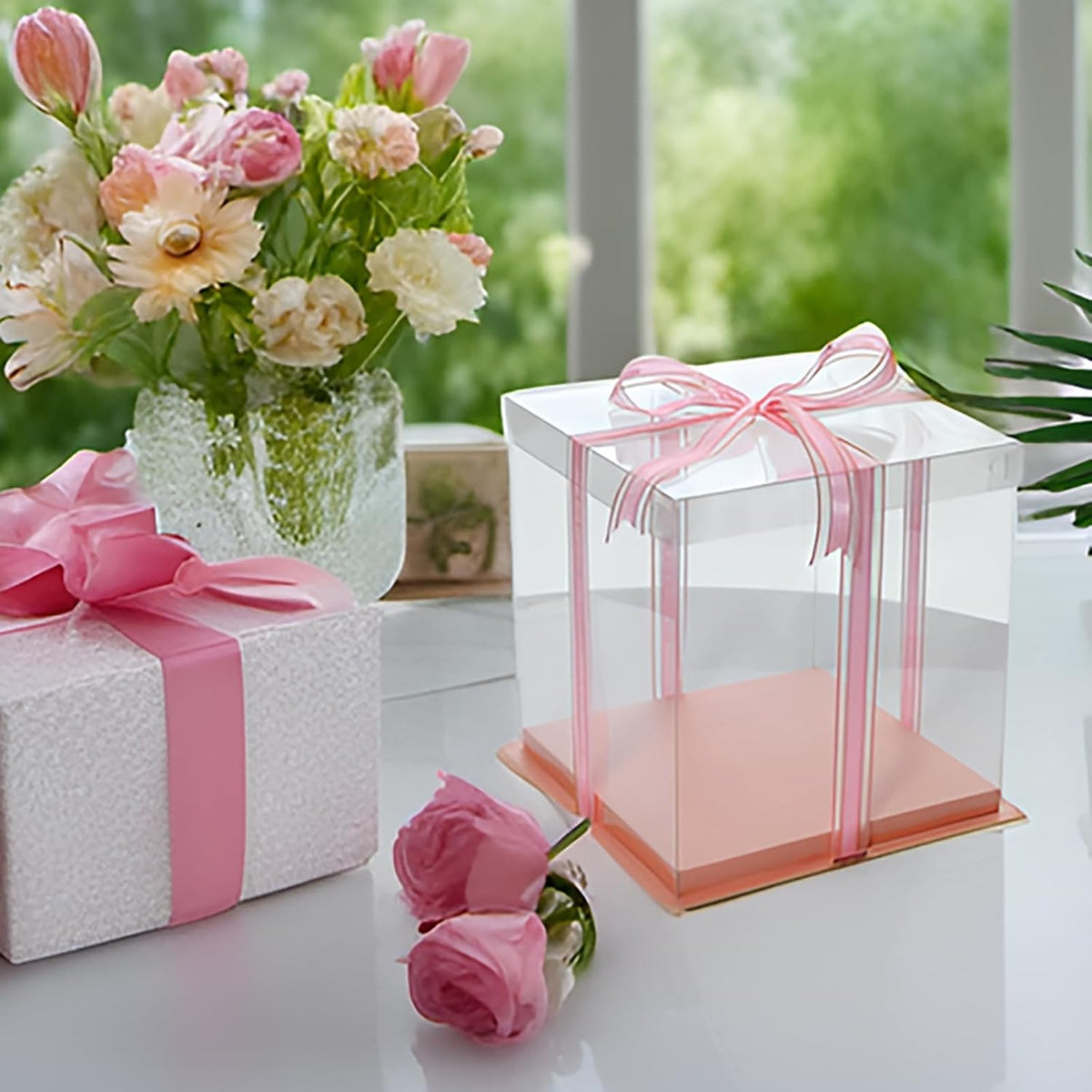 Clear Cake Box with Ribbon, 12x12x10 Inch, Tall Cake Boxes for Large 10" and 12" Layer Tiered Cakes, Wedding Party and Gift Display, Pink
