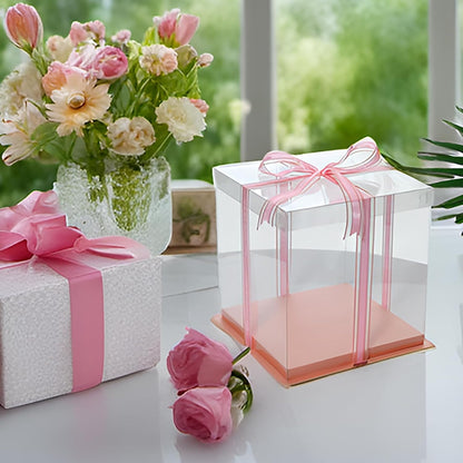 Clear Cake Box with Ribbon, 12x12x10 Inch, Tall Cake Boxes for Large 10" and 12" Layer Tiered Cakes, Wedding Party and Gift Display, Pink