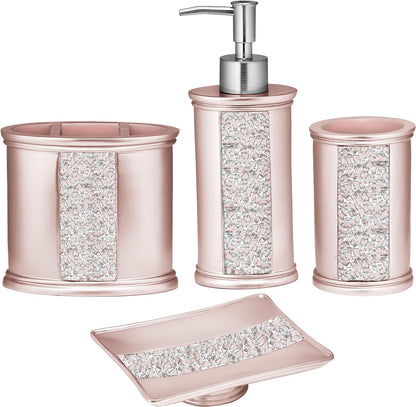 4pc Sinatra Stylish Bathroom Accessories Set Liquid Soap Dispenser, Tumbler, Tooth Brush Holder and Soap Dish Modern Classic Luxury Decor Bling Mosaic Glass Blush Bathroom Accessories