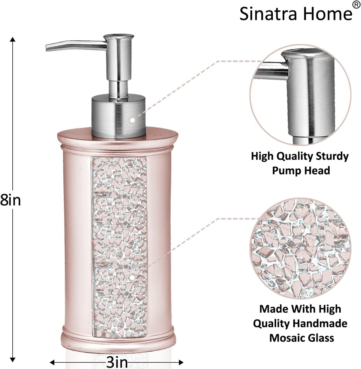 4pc Sinatra Stylish Bathroom Accessories Set Liquid Soap Dispenser, Tumbler, Tooth Brush Holder and Soap Dish Modern Classic Luxury Decor Bling Mosaic Glass Blush Bathroom Accessories