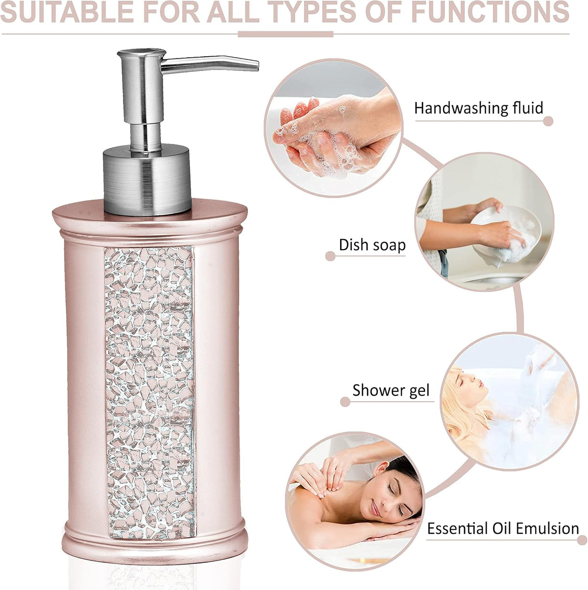 4pc Sinatra Stylish Bathroom Accessories Set Liquid Soap Dispenser, Tumbler, Tooth Brush Holder and Soap Dish Modern Classic Luxury Decor Bling Mosaic Glass Blush Bathroom Accessories