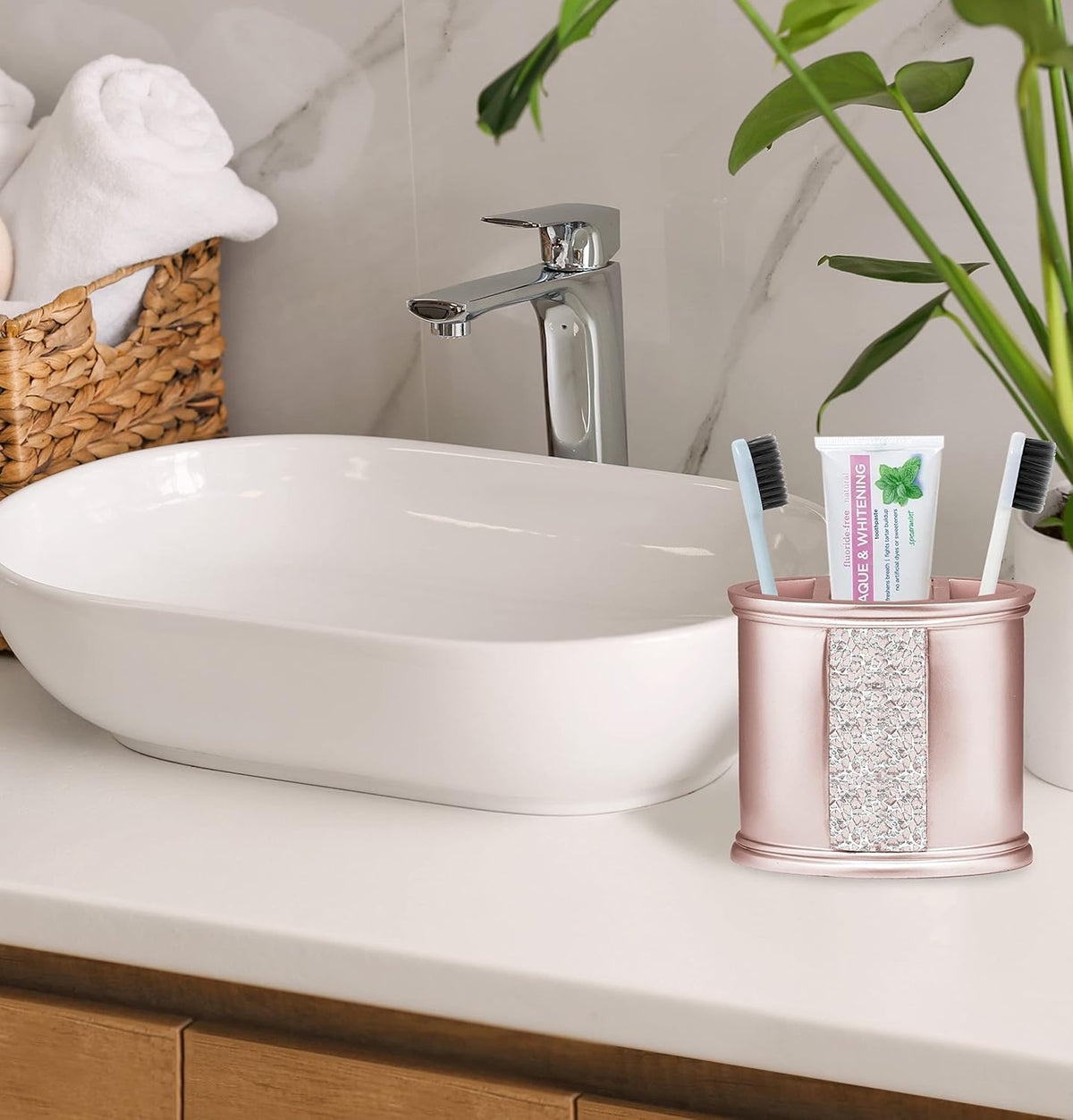 4pc Sinatra Stylish Bathroom Accessories Set Liquid Soap Dispenser, Tumbler, Tooth Brush Holder and Soap Dish Modern Classic Luxury Decor Bling Mosaic Glass Blush Bathroom Accessories