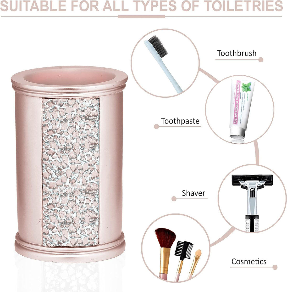 4pc Sinatra Stylish Bathroom Accessories Set Liquid Soap Dispenser, Tumbler, Tooth Brush Holder and Soap Dish Modern Classic Luxury Decor Bling Mosaic Glass Blush Bathroom Accessories
