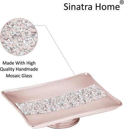 4pc Sinatra Stylish Bathroom Accessories Set Liquid Soap Dispenser, Tumbler, Tooth Brush Holder and Soap Dish Modern Classic Luxury Decor Bling Mosaic Glass Blush Bathroom Accessories
