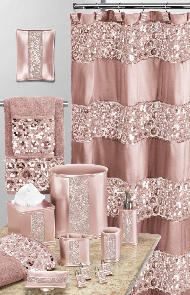 4pc Sinatra Stylish Bathroom Accessories Set Liquid Soap Dispenser, Tumbler, Tooth Brush Holder and Soap Dish Modern Classic Luxury Decor Bling Mosaic Glass Blush Bathroom Accessories