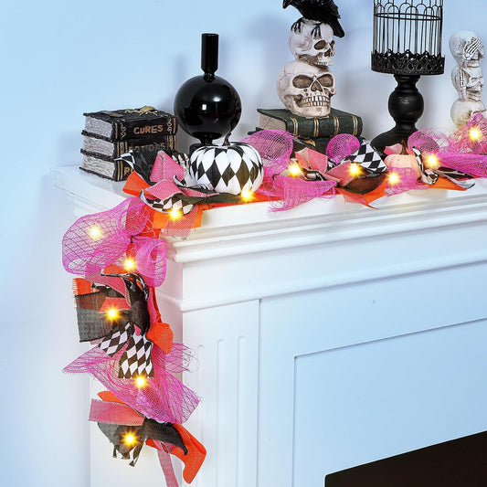 Daifunli 6 ft Halloween Lighted Garland Pink Mesh Plaid Pumpkin