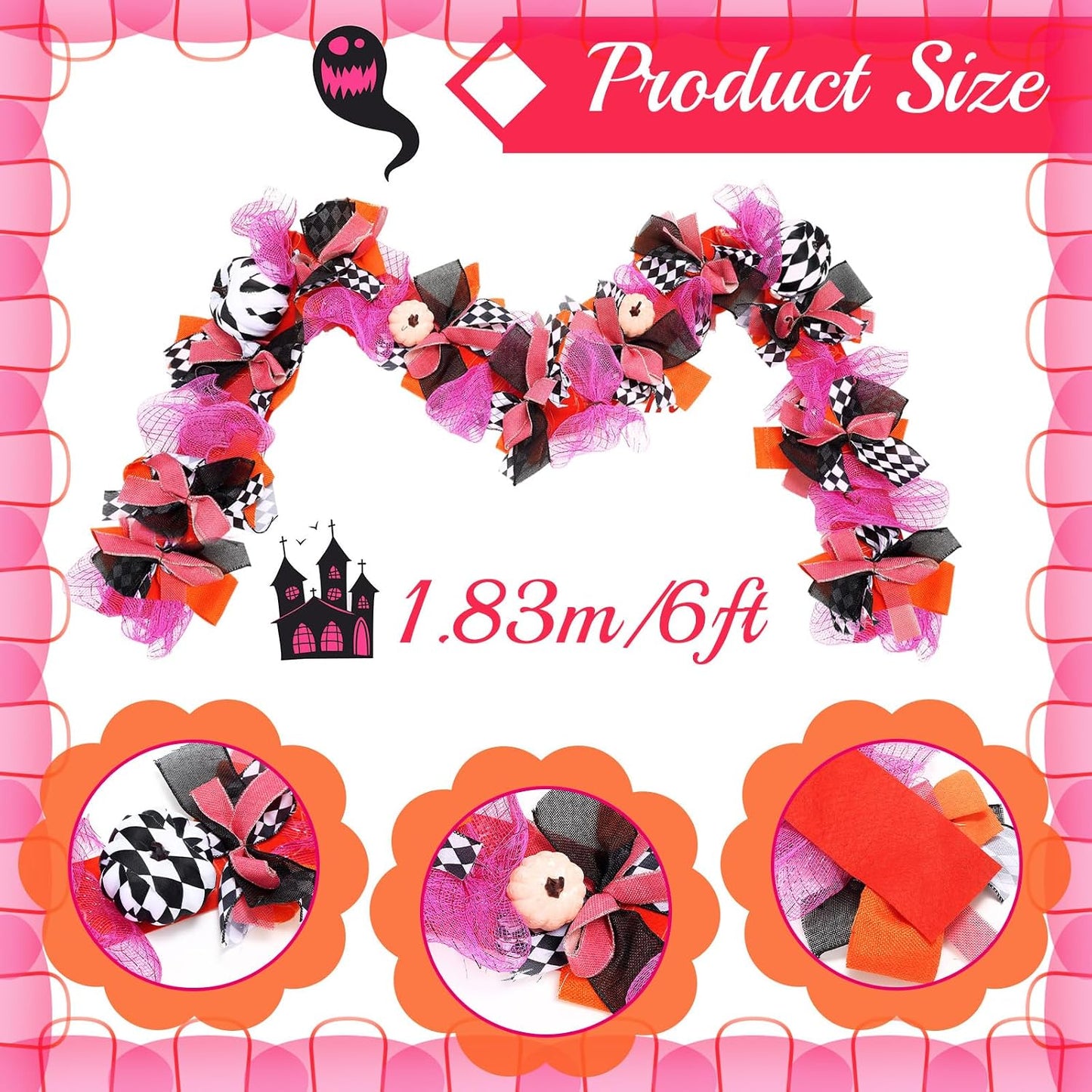 Daifunli 6 ft Halloween Lighted Garland Pink Mesh Plaid Pumpkin