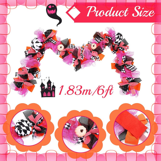 Daifunli 6 ft Halloween Lighted Garland Pink Mesh Plaid Pumpkin