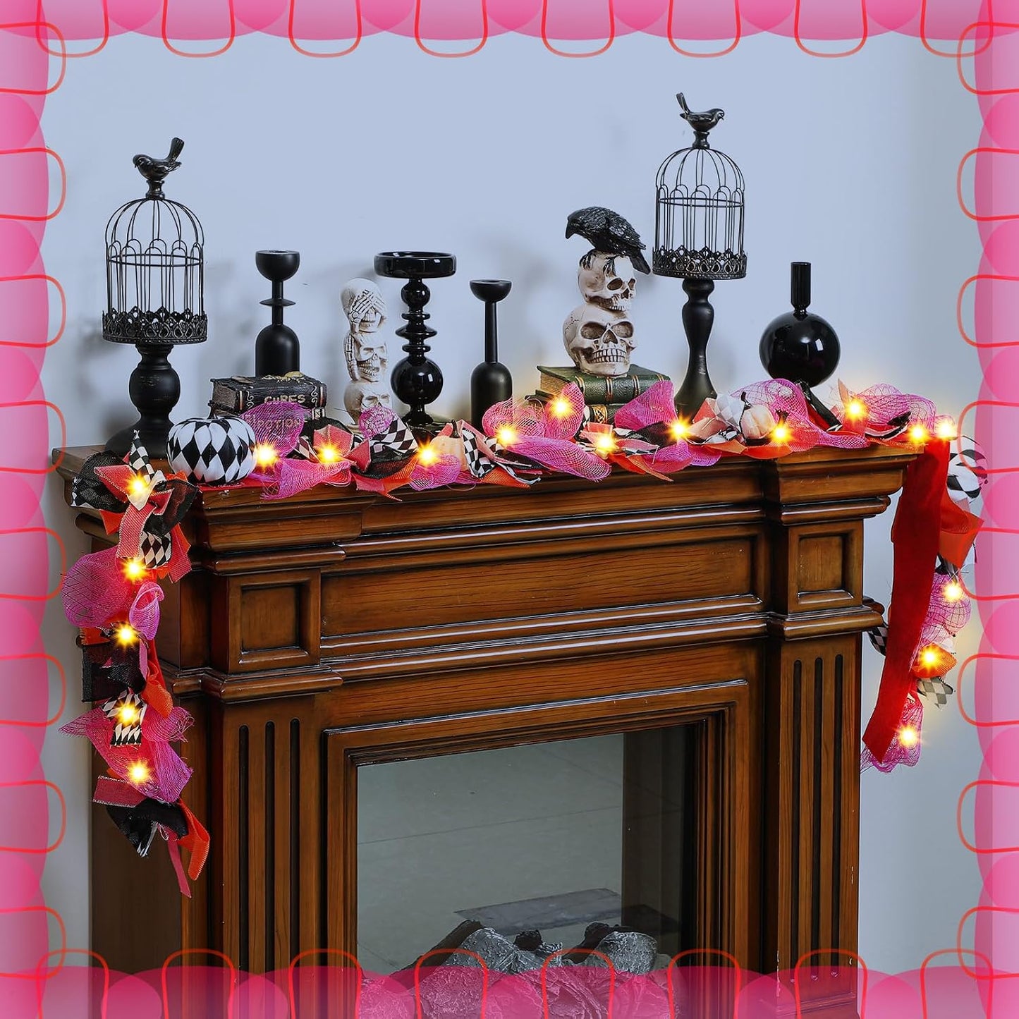Daifunli 6 ft Halloween Lighted Garland Pink Mesh Plaid Pumpkin