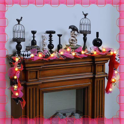 Daifunli 6 ft Halloween Lighted Garland Pink Mesh Plaid Pumpkin