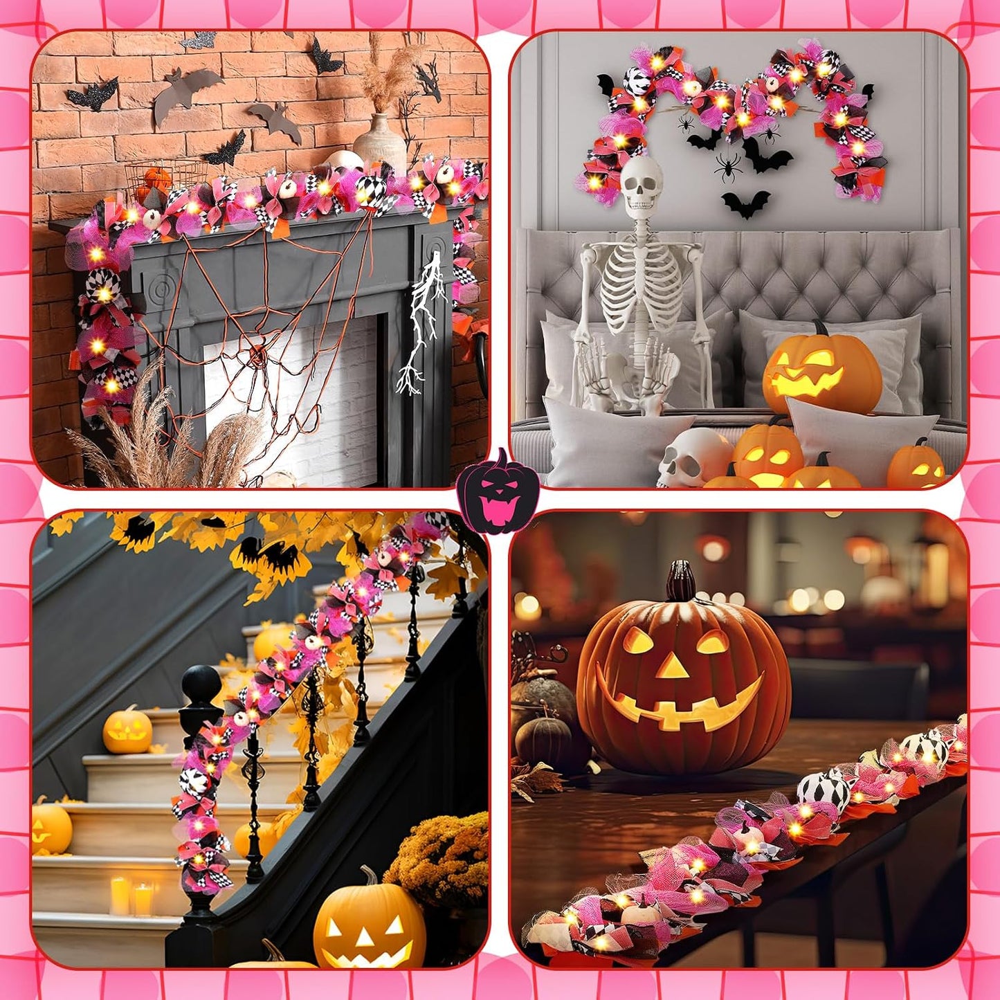 Daifunli 6 ft Halloween Lighted Garland Pink Mesh Plaid Pumpkin