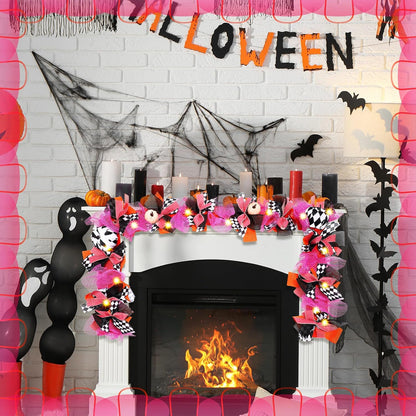 Daifunli 6 ft Halloween Lighted Garland Pink Mesh Plaid Pumpkin