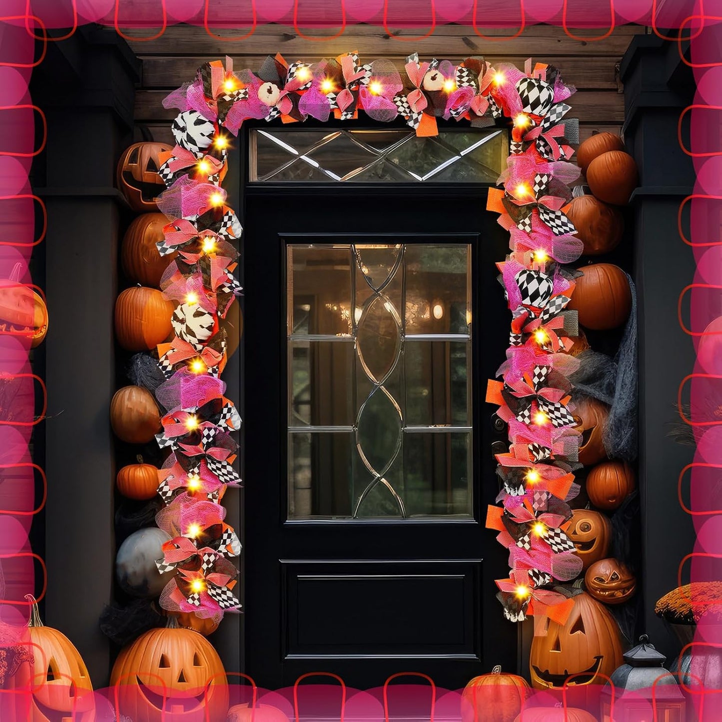 Daifunli 6 ft Halloween Lighted Garland Pink Mesh Plaid Pumpkin
