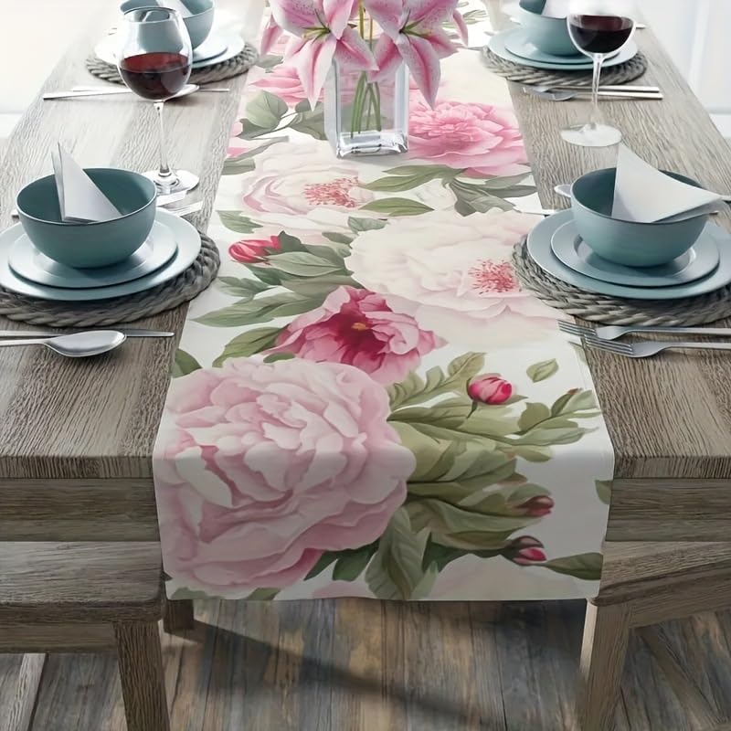 Floral Table Runner, Pink Peony Pattern, Elegant Dining Table Decor，13*72in