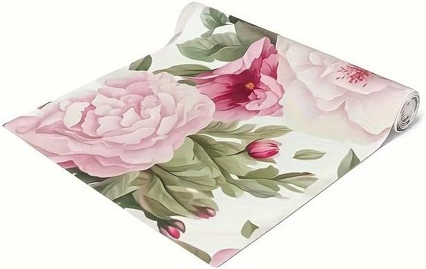 Floral Table Runner, Pink Peony Pattern, Elegant Dining Table Decor，13*72in