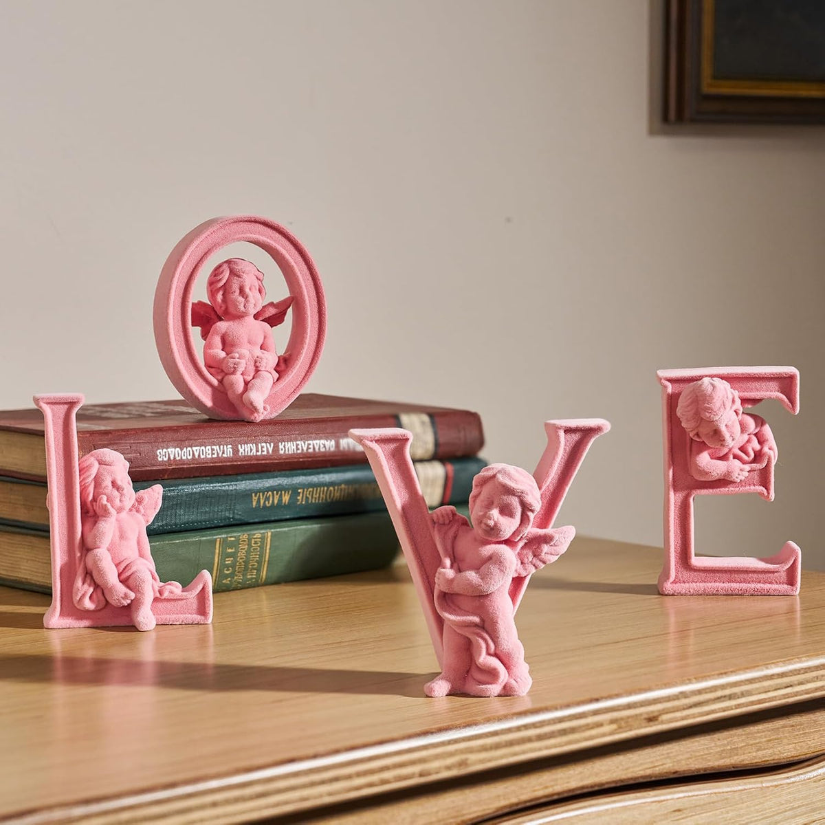 4 Sets Cupid Statue with Soft Velvet Finish Wedding Gift, Pink