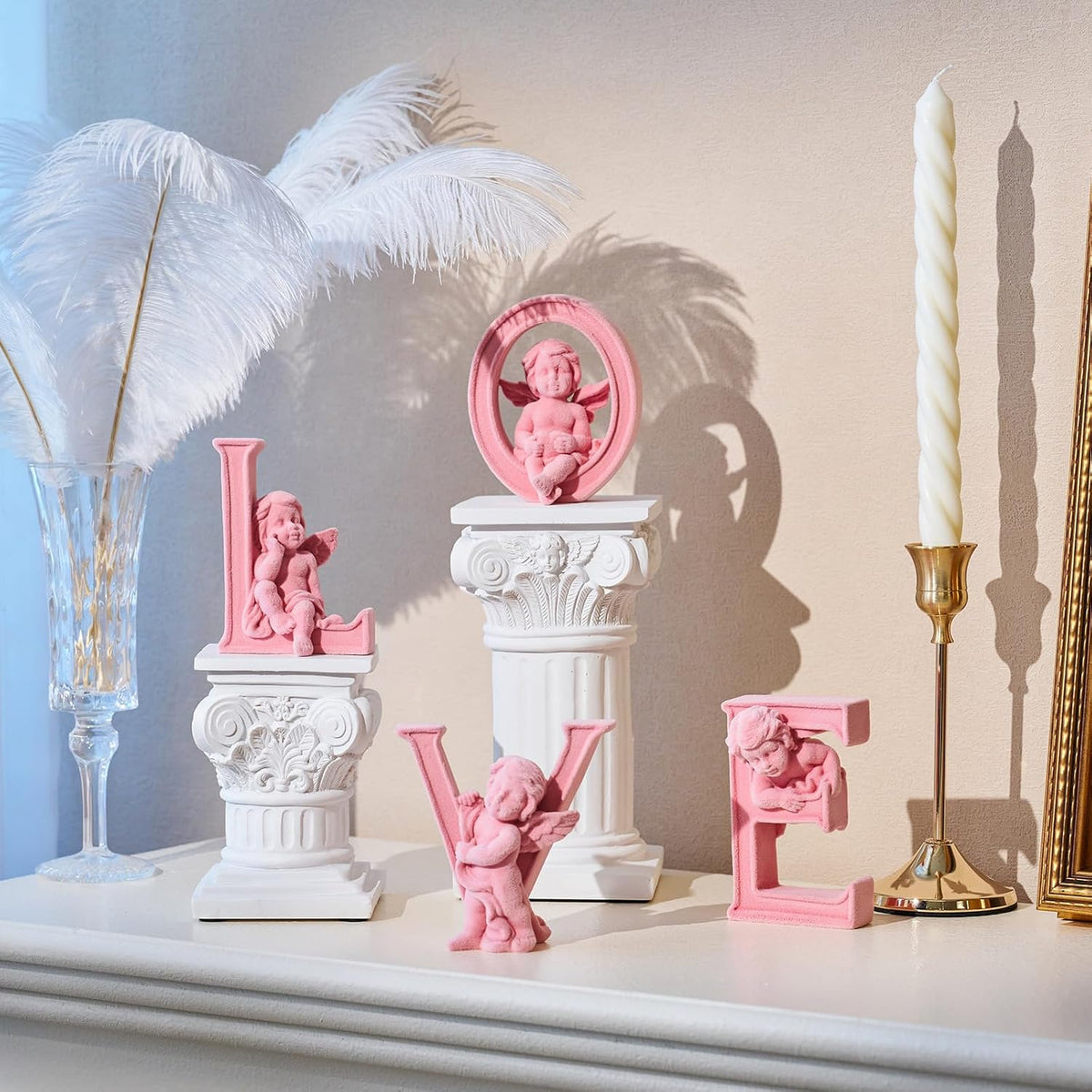 4 Sets Cupid Statue with Soft Velvet Finish Wedding Gift, Pink