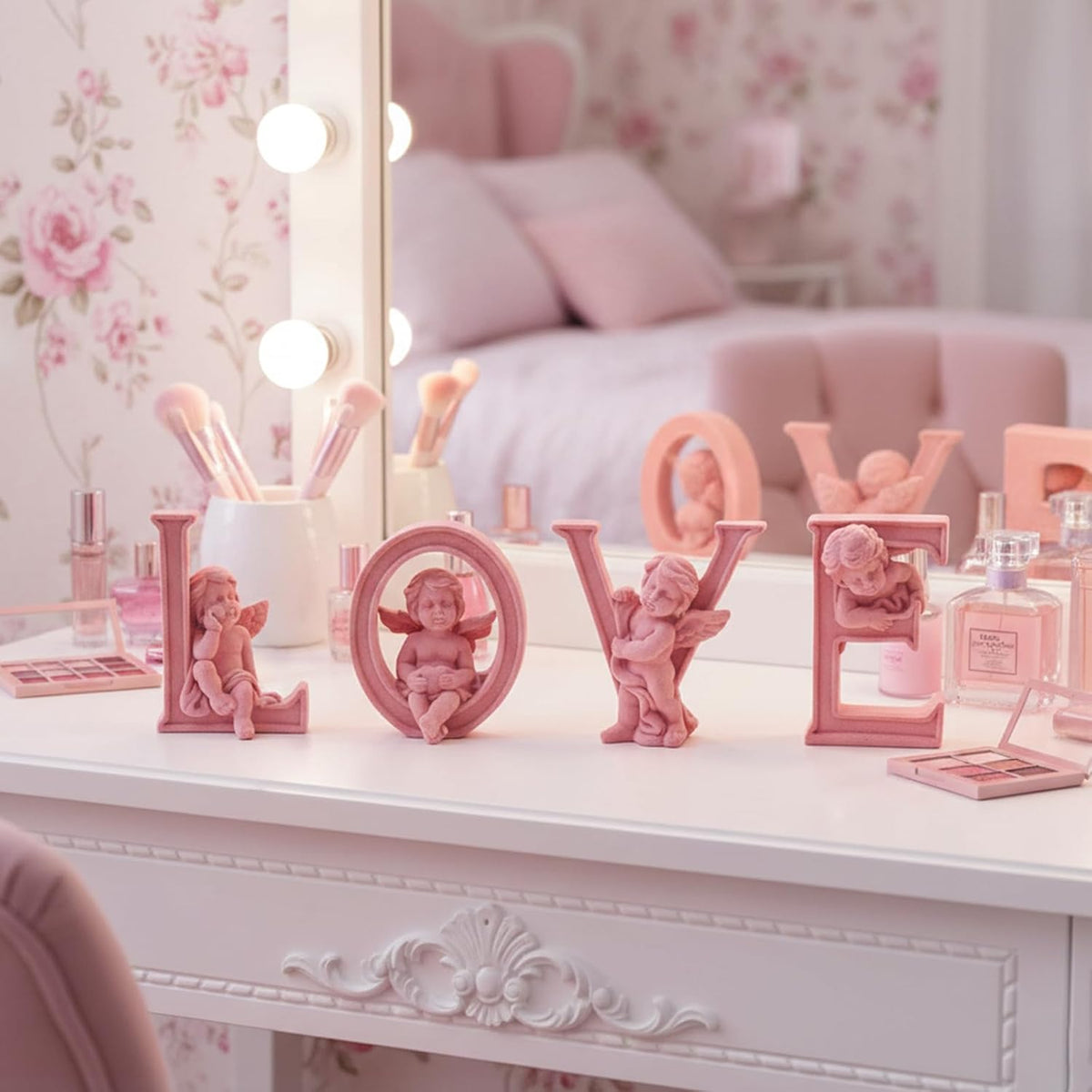 4 Sets Cupid Statue with Soft Velvet Finish Wedding Gift, Pink
