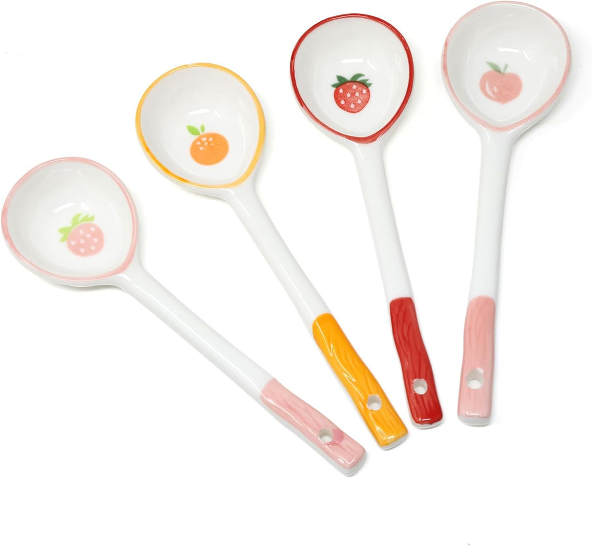4PCS Long Handle Ceramic Soup Spoons Cute Fruit Strawberry Orange Peach Pattern Tablespoons Porcelain Spoon with Hanging Hole for Coffee Fruit Dip Stew Porridge Yogurt Ice Cream Desserts