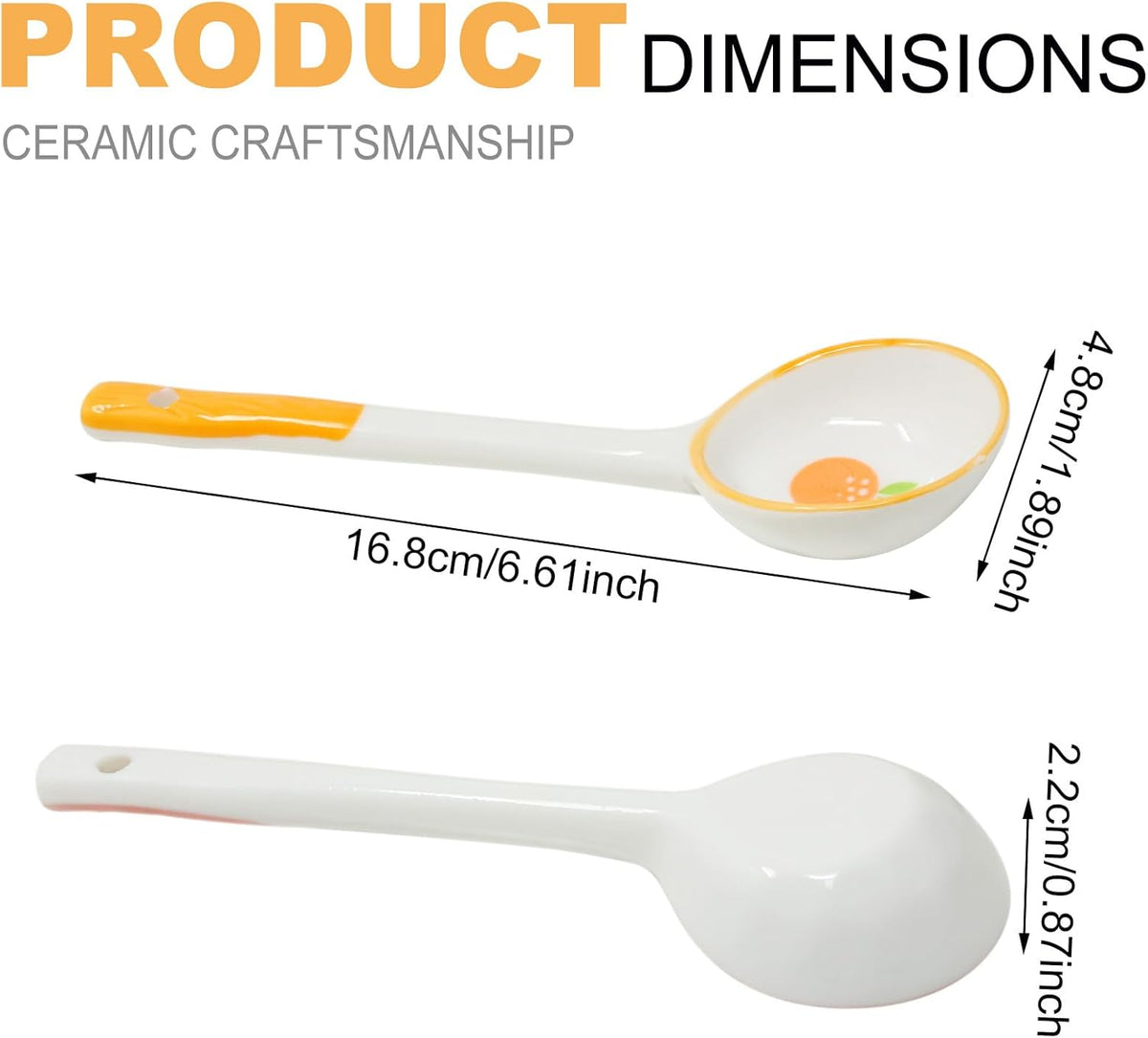 4PCS Long Handle Ceramic Soup Spoons Cute Fruit Strawberry Orange Peach Pattern Tablespoons Porcelain Spoon with Hanging Hole for Coffee Fruit Dip Stew Porridge Yogurt Ice Cream Desserts