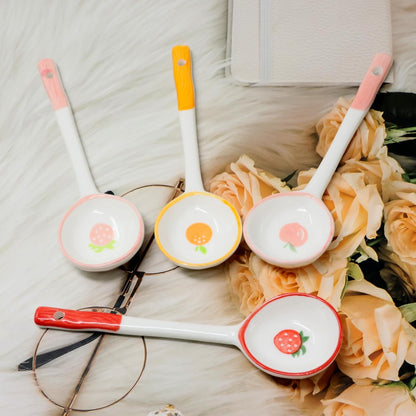 4PCS Long Handle Ceramic Soup Spoons Cute Fruit Strawberry Orange Peach Pattern Tablespoons Porcelain Spoon with Hanging Hole for Coffee Fruit Dip Stew Porridge Yogurt Ice Cream Desserts