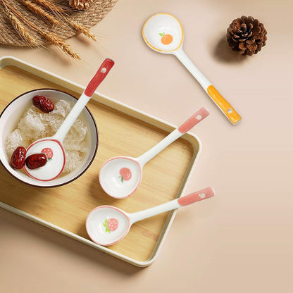 4PCS Long Handle Ceramic Soup Spoons Cute Fruit Strawberry Orange Peach Pattern Tablespoons Porcelain Spoon with Hanging Hole for Coffee Fruit Dip Stew Porridge Yogurt Ice Cream Desserts