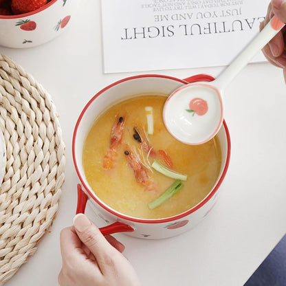 4PCS Long Handle Ceramic Soup Spoons Cute Fruit Strawberry Orange Peach Pattern Tablespoons Porcelain Spoon with Hanging Hole for Coffee Fruit Dip Stew Porridge Yogurt Ice Cream Desserts
