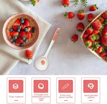 4PCS Long Handle Ceramic Soup Spoons Cute Fruit Strawberry Orange Peach Pattern Tablespoons Porcelain Spoon with Hanging Hole for Coffee Fruit Dip Stew Porridge Yogurt Ice Cream Desserts
