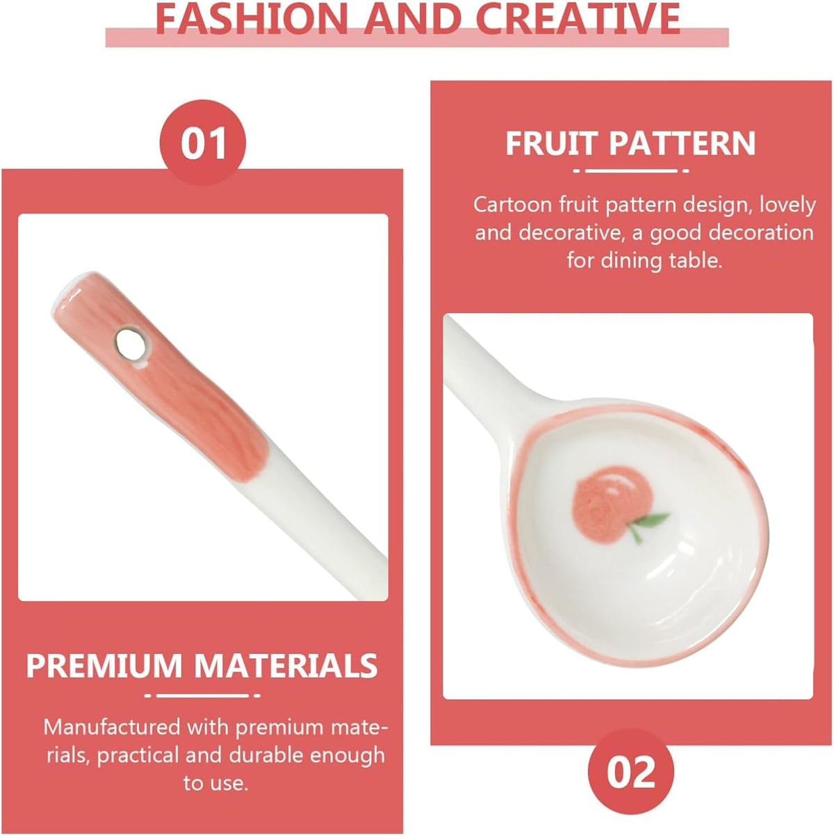 4PCS Long Handle Ceramic Soup Spoons Cute Fruit Strawberry Orange Peach Pattern Tablespoons Porcelain Spoon with Hanging Hole for Coffee Fruit Dip Stew Porridge Yogurt Ice Cream Desserts