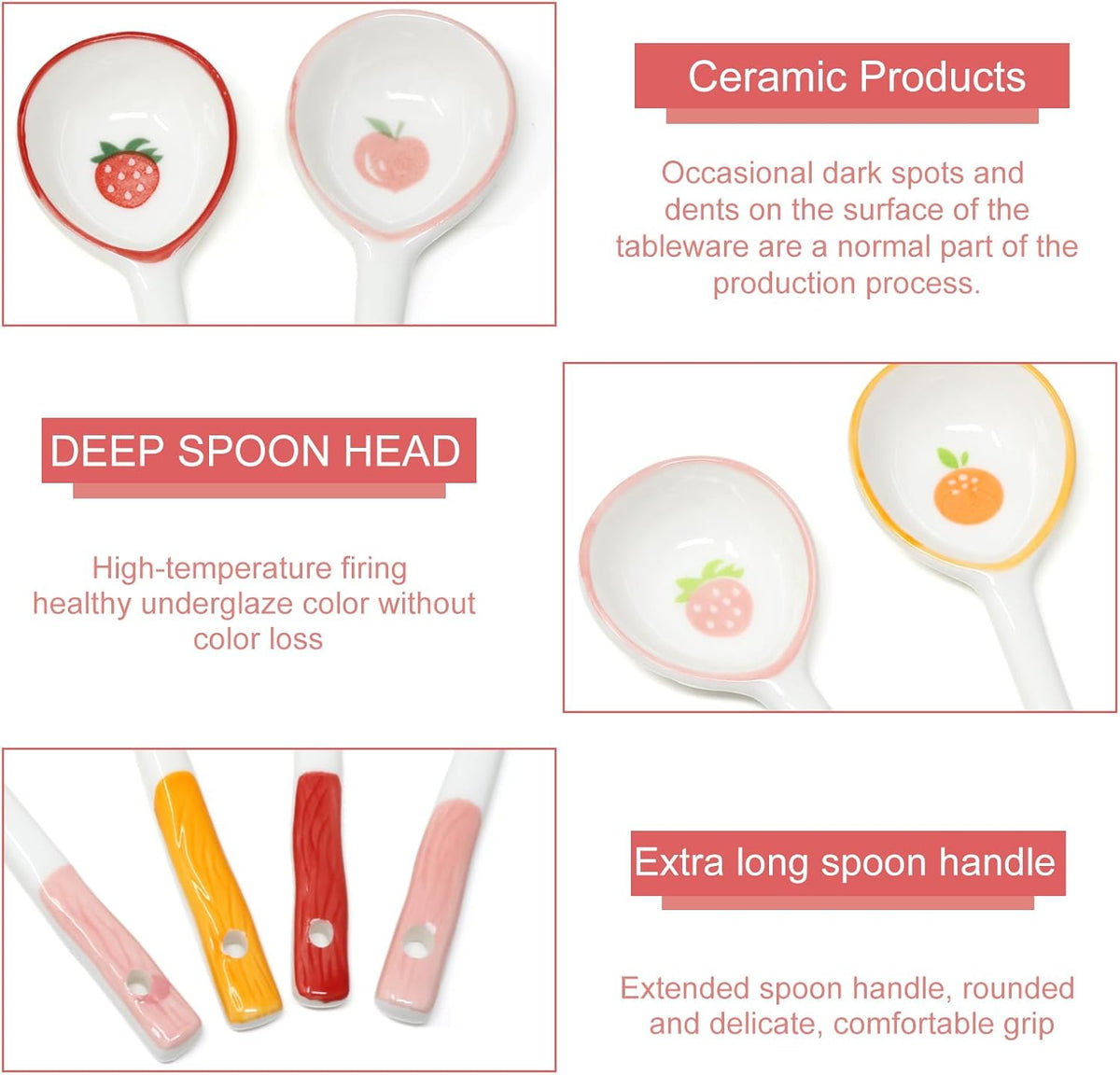 4PCS Long Handle Ceramic Soup Spoons Cute Fruit Strawberry Orange Peach Pattern Tablespoons Porcelain Spoon with Hanging Hole for Coffee Fruit Dip Stew Porridge Yogurt Ice Cream Desserts